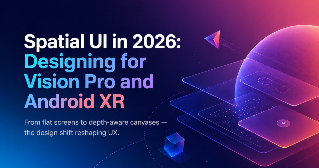 Spatial UI in 2026 — layered glass UI panels with glowing orb suggesting depth-aware design