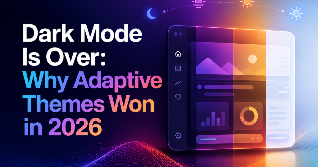 Dark Mode Is Over: Why Adaptive Themes Won in 2026 — split light/dark gradient with a continuous theming slider