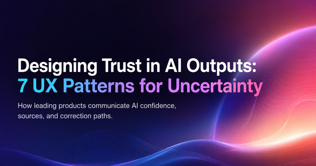 Designing Trust in AI Outputs — 7 UX Patterns for Uncertainty: dark cosmic background with gradient typography over an abstract data-orb